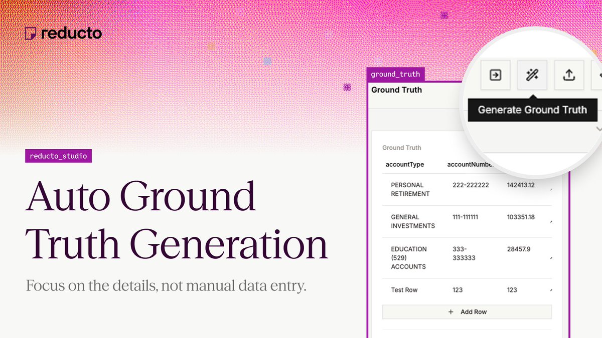reductoai's tweet image. 🚀 STUDIO LAUNCH WEEK — Day 4: Auto Ground Truth Generation
Ever stare down a mountain of PDFs and think, “I’ll be labeling these for days…”? 📚
Let Reducto Studio do the heavy lifting. Our new Ground Truth Generation feature automatically creates your initial baseline so you…