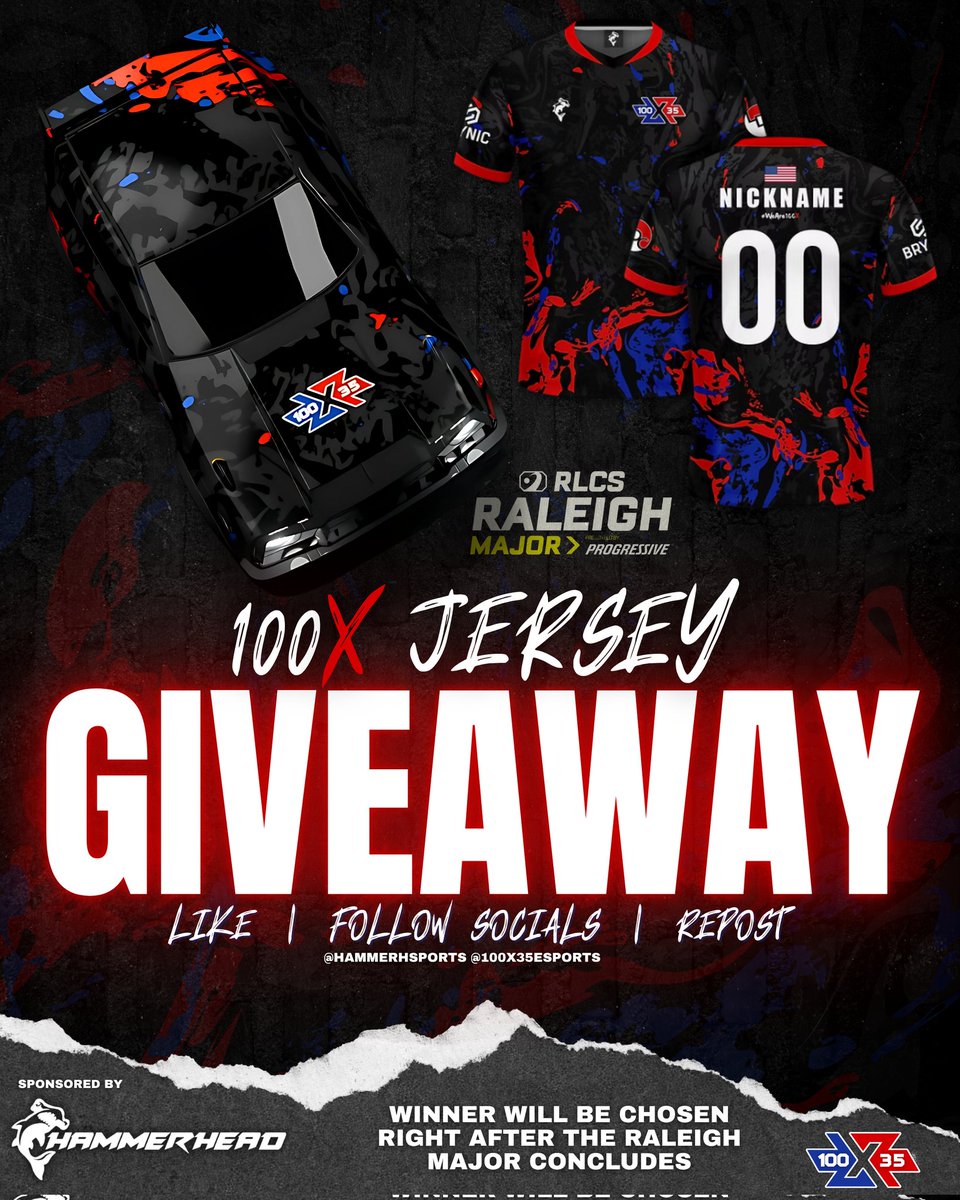 100X35 Esports (@100x35esports) on Twitter photo 🚨 RALIEGH MAJOR JERSEY GIVEAWAY!
We have partnered with <a href="/HammerHSports/">HammerHead Sportswear</a> this RLCS Major to give away 1 lucky fan a FREE CUSTOM 100X35 ESPORTS JERSEY!
All you have to do is:
-Like this post
-Follow <a href="/HammerHSports/">HammerHead Sportswear</a> & <a href="/100X35Esports/">100X35 Esports</a>
-And repost this tweet!
Winner will be chosen 🚨 RALIEGH MAJOR JERSEY GIVEAWAY!
We have partnered with <a href="/HammerHSports/">HammerHead Sportswear</a> this RLCS Major to give away 1 lucky fan a FREE CUSTOM 100X35 ESPORTS JERSEY!
All you have to do is:
-Like this post
-Follow <a href="/HammerHSports/">HammerHead Sportswear</a> & <a href="/100X35Esports/">100X35 Esports</a>
-And repost this tweet!
Winner will be chosen