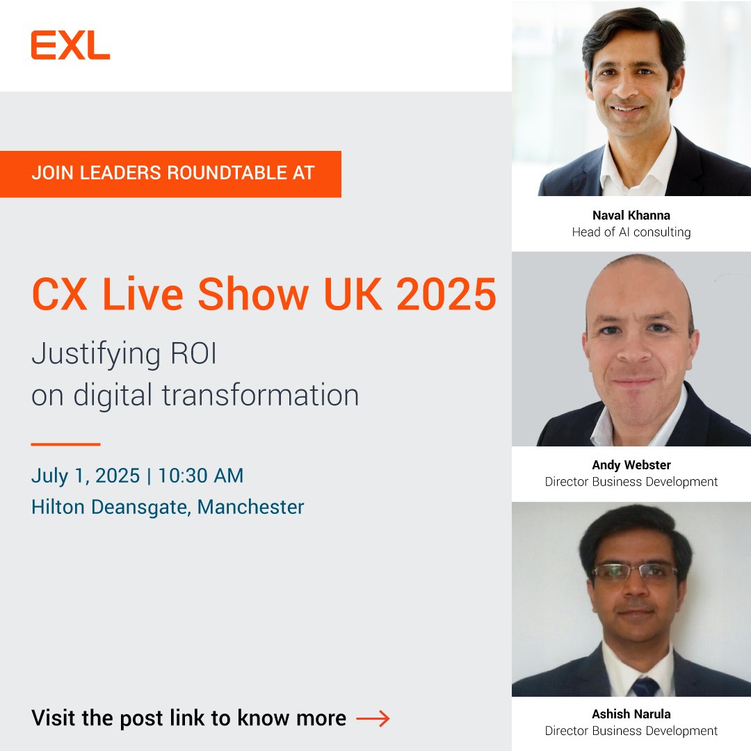 Be part of the discussion at the CX Live Show UK
👟 Look for EXL experts in iconic orange sneakers
🗓️ Join our Roundtable on July 1 at 10:30 AM
📍 Visit our booth for personalized CX solutions. 

Details here: bit.ly/3SVUr6Q

#CXLiveUK2025 #CustomerExperience #AI