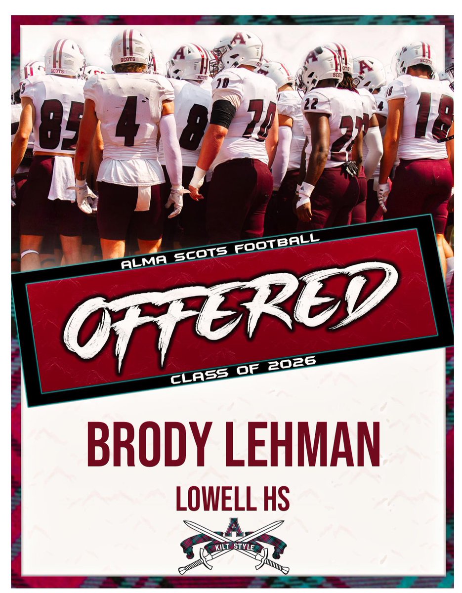 After a great camp and conversation with <a href="/AlmaCoachCole/">Scotty Cole</a> I’m blessed to have received my 3rd offer from Alma! 
<a href="/CoachCouchAlma/">Jason Couch</a> <a href="/CoachP_Alma/">Jason Polmanteer</a> <a href="/CoachHill_41/">Ty Hill</a> <a href="/CoachSpooner_/">Teddy Spooner</a> <a href="/lowellfootball/">Lowell Football</a>