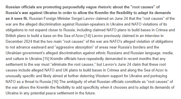 TheStudyofWar's tweet photo. Russian officials are promoting purposefully vague rhetoric about the "root causes" of Russia's war against Ukraine in order to allow the Kremlin the flexibility to adapt its demands as it sees fit. ⬇️ https://t.co/JlyBOIG1zg