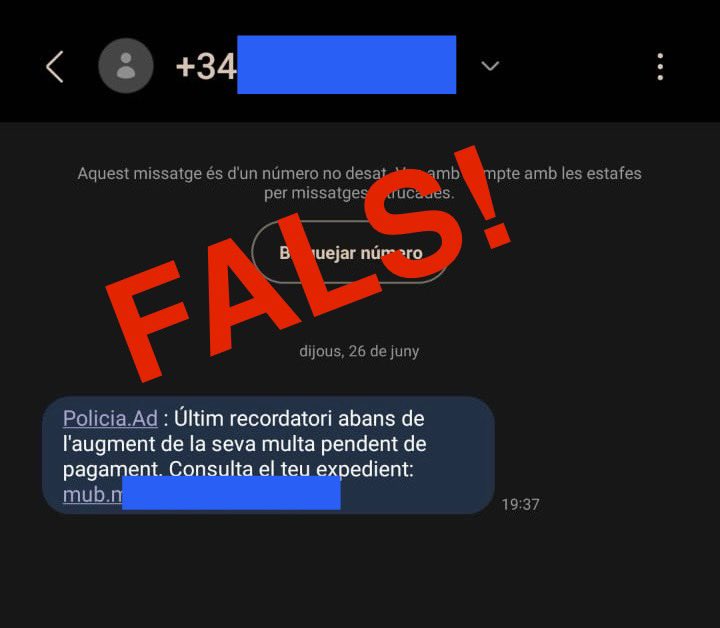 ⚠️ Alerta estafa ⚠️
Aquest SMS suplantant la Policia s’està enviant de manera massiva a molts telèfons andorrans.
#Nopiquis
És fals!

Nosaltres mai et contactaríem així per pagar una multa.
❌ No cliquis l’enllaç 🙏
❌ No donis cap dada ni facis cap pagament 🙏