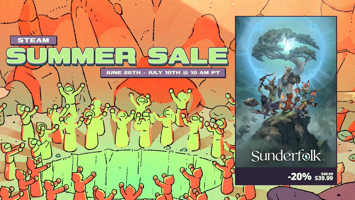 An illustrated image featuring the words "Steam Summer Sale - June 26th through July 10th at 10 AM PT". The image features robed people chanting over a hole, and the Sunderfolk Key art is featured on the right-hand side with "-20%" and a strikethrough $49.99, revealing the $39.99 price tag underneath. 