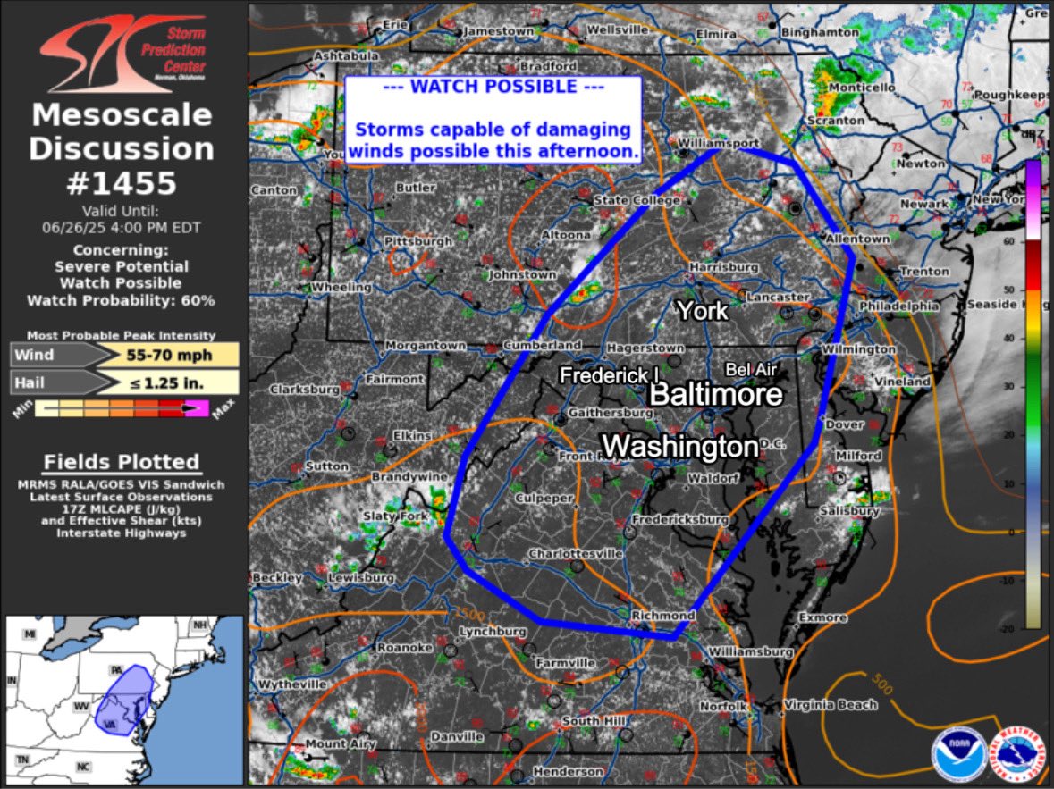 JustinWeather's tweet photo. ⚠️⁉️ WATCH POSSIBLE Thursday afternoon
Per NOAA discussion….Conditions are favorable for a Severe Thunderstorm Watch to be issued. 
💨 Downbursts with damaging wind gusts  

DISCUSSION...Thunderstorm activity has begun to initiate across portions of the Appalachians. This activity is expected to continue to expand in coverage through the afternoon/evening. 

The environment to the east is hot and unstable (with MLCAPE around 1000-2000 J/kg) and temperatures in the upper 80s to 90s. 

Despite the weak flow aloft and weak shear, steep low-level lapse rates (around 7.5-8 C/km) and moist profiles will support potential for wet downbursts and damaging outflow winds. This area will be monitored for watch potential through the afternoon.