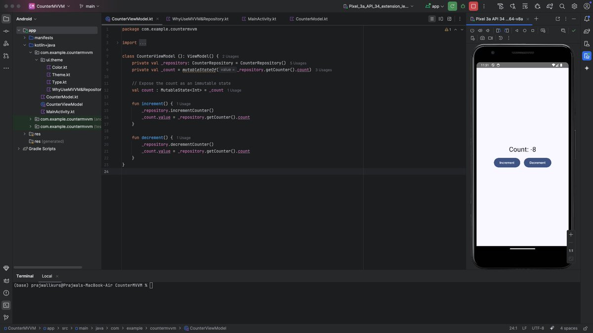 Just wrapped up a simple Counter App using <a href="/kotlin/">Kotlin by JetBrains</a>  in <a href="/AndroidStudio/">Android Studio</a> .
Built with MVVM, ViewModel &amp; LiveData to manage state cleanly.

It’s a small win, but a big step in my dev journey. 

Take a peek here 👉github.com/iprajwallkurs/…

#AndroidDev #Kotlin #MVVM #Jetpack #DevJourney