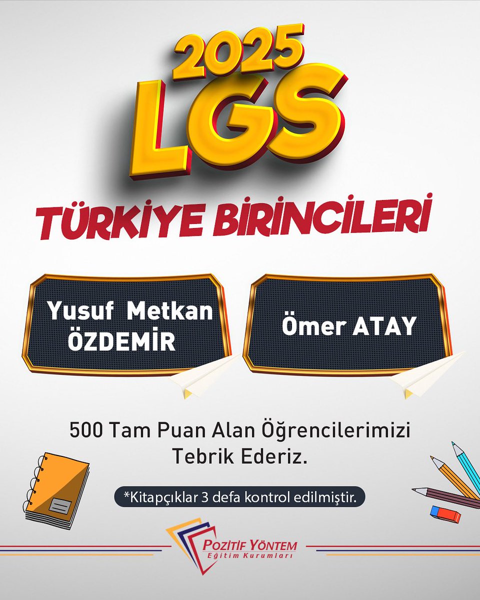İki Türkiye birincimiz var!
Sınav sonrası kontrollerimizde Yusuf Metkan Özdemir ve Ömer Atay isimli ögrencilerimizin tüm soruları doğru işaretleyerek 500 tam puan aldıkları sonucuna varılmıştır. Ogrencilerimizin bundan sonra da sınavdaki kadar başarılı olmalarını temenni ediyoruz