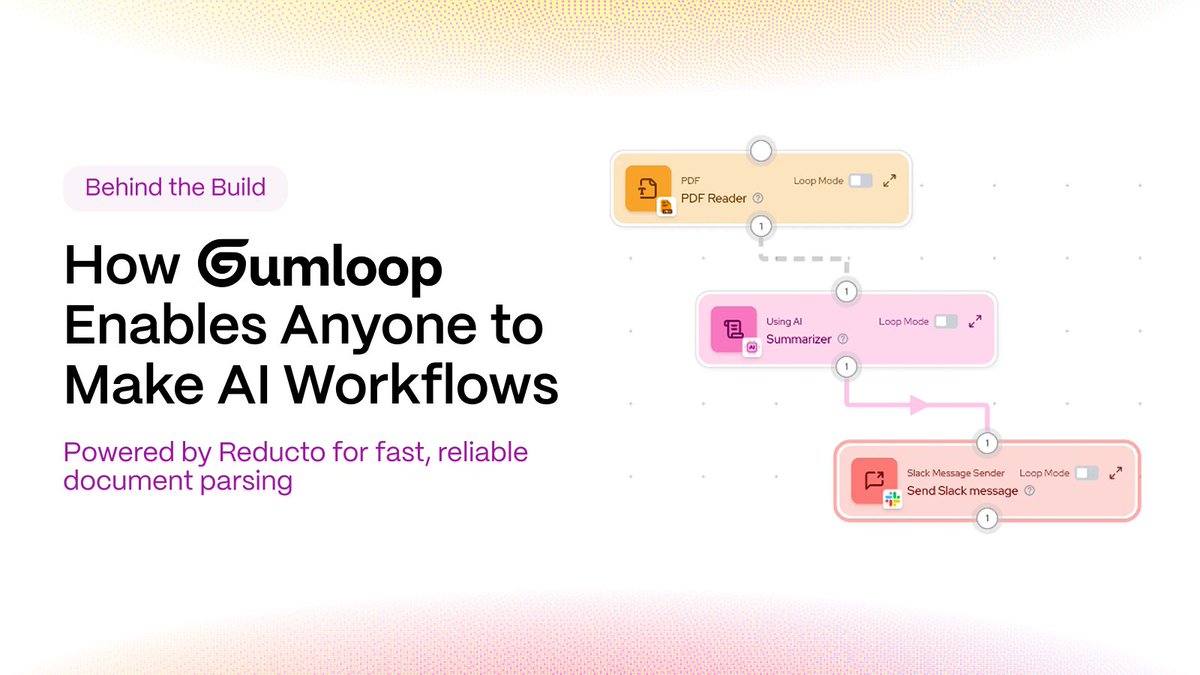 Reducto (@reductoai) on Twitter photo If you’ve been anywhere near the AI space lately, you’ve probably heard of <a href="/gumloop_ai/">Gumloop</a>.
Fresh off a $17M Series A, they’re gunning to be a “10-person, billion-dollar company”—building the most powerful no-code AI workflow platform out there.
In our latest Behind the Build 🚧 , If you’ve been anywhere near the AI space lately, you’ve probably heard of <a href="/gumloop_ai/">Gumloop</a>.
Fresh off a $17M Series A, they’re gunning to be a “10-person, billion-dollar company”—building the most powerful no-code AI workflow platform out there.
In our latest Behind the Build 🚧 ,