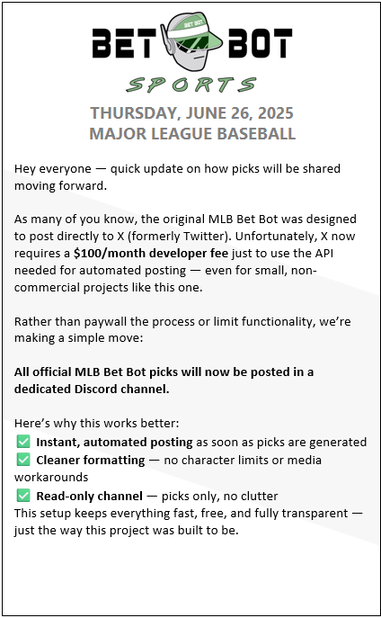 MLBBetBot's tweet photo. Testing out bets live now: https://t.co/Bv5vPbqh6D https://t.co/1iglnprbb0