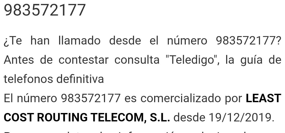 Mapilago's tweet image. Los numeros pertenecen a LEAST COST ROUTING TELECOM, S.L.
Si no teneis un contrato con ellos, por que dicen que trabajan para Vodafone? Ahi teneis la empresa,me podeis decir que relacion tiene con Vodafone?? Es INSOPORTABLE.
@vodafone_es @consumidores