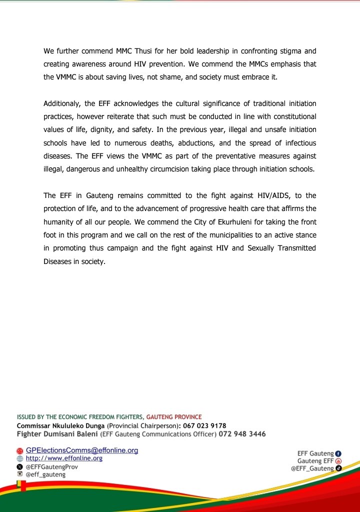 The EFF in Gauteng Commends the City of Ekurhuleni for the Official Launch of the Voluntary Medical Male Circumcision (VMMC) Campaign, led by MMC for Health, Social Development and SRAC, Fighter Bridget Thusi.