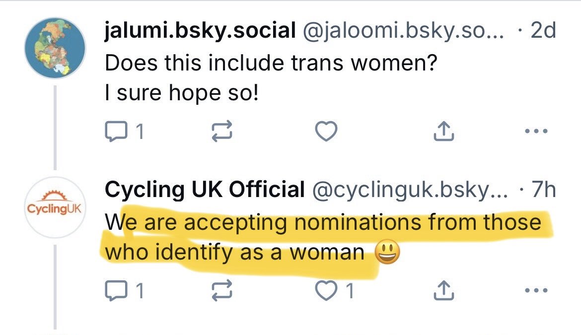 Women's Rights Network - WRN (@womensrightsnet) on Twitter photo Hey <a href="/WeAreCyclingUK/">Cycling UK</a> weโre confused. Your 100 Women in Cycling sounds a great initiative. But you say itโs open to anyone who identifies as a womanโฆ would that be males? If it is then the list needs to be renamed 100 People. Or you could comply with the Supreme Court judgment Hey <a href="/WeAreCyclingUK/">Cycling UK</a> weโre confused. Your 100 Women in Cycling sounds a great initiative. But you say itโs open to anyone who identifies as a womanโฆ would that be males? If it is then the list needs to be renamed 100 People. Or you could comply with the Supreme Court judgment