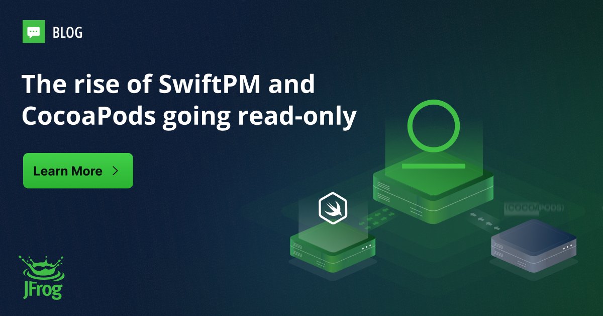 jfrog's tweet image. 🔍 With the rise in popularity of #SwiftPM, CocoaPods Trunk (the central public registry) will be moving to a read-only state.
Here's how you can navigate the changing dependency management landscape for Apple platforms and ease the transition from #CocoaPods to SwiftPM:…