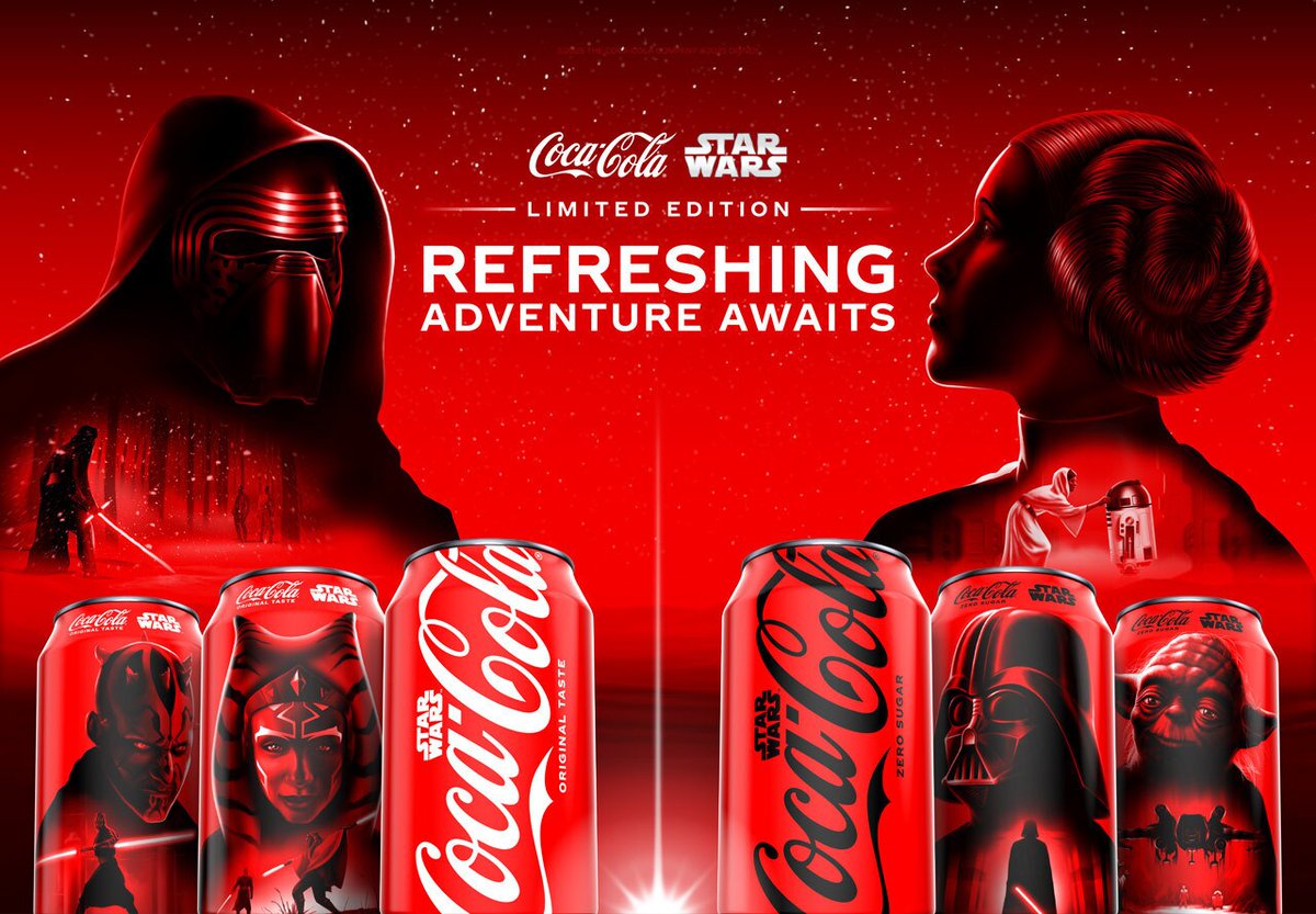 SW_Doctrine's tweet photo. Just announced  30 limited-edition Star Wars Coca-Cola cans and bottle designs, featuring new illustrations of Star Wars  characters! Scanning the code on the can leads to an AR experience about the character and the ability to record a hologram style message! https://t.co/XhBDukKxMO