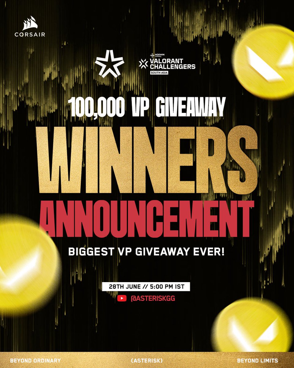100,00 VP Giveaway - Winners Announcement! Join us for the biggest VP giveaway reveal ever on - 28th June at 5:00 PM IST.  

Tune in live on YouTube - youtube.com/@asteriskgg