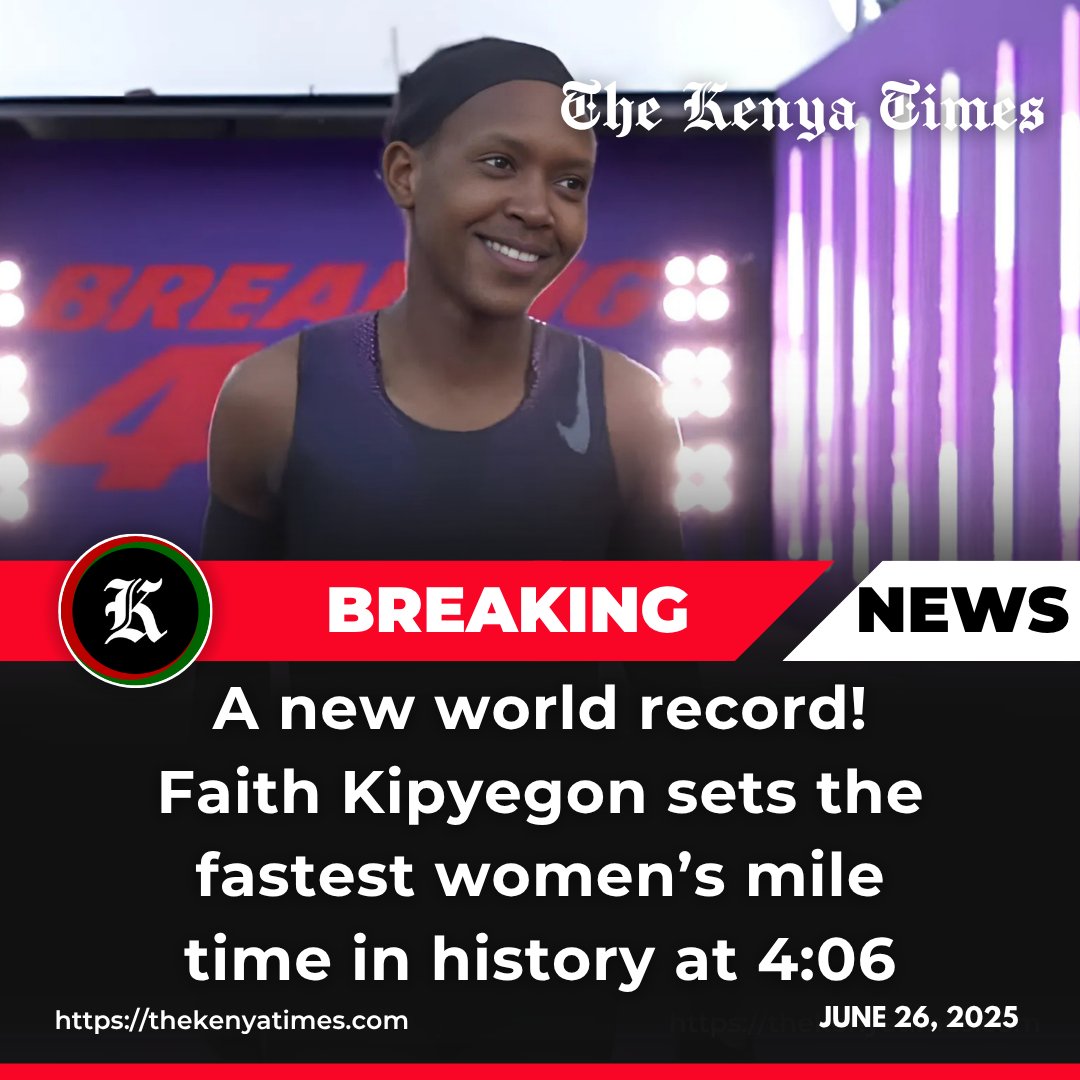 thekenyatimes's tweet photo. 🚨NEWS JUST IN: Faith Kipyegon has rewritten history with a record-breaking 4:06 mile, the quickest ever by a woman on the track. https://t.co/0drMom8mgD
