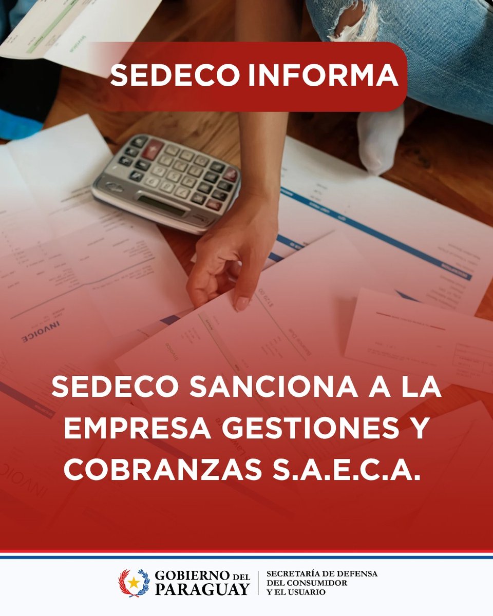 sedecopy's tweet photo. 📣 SEDECO sanciona a empresa de cobranzas por exigir pago sin acreditar la deuda

La Secretaría de Defensa del Consumidor y el Usuario (SEDECO) sancionó a la firma GESTIONES Y COBRANZAS S.A.E.C.A. con una multa de 350 jornales mínimos (Gs. 37.669.450), por práctica comercial https://t.co/X3oVNfaj3l