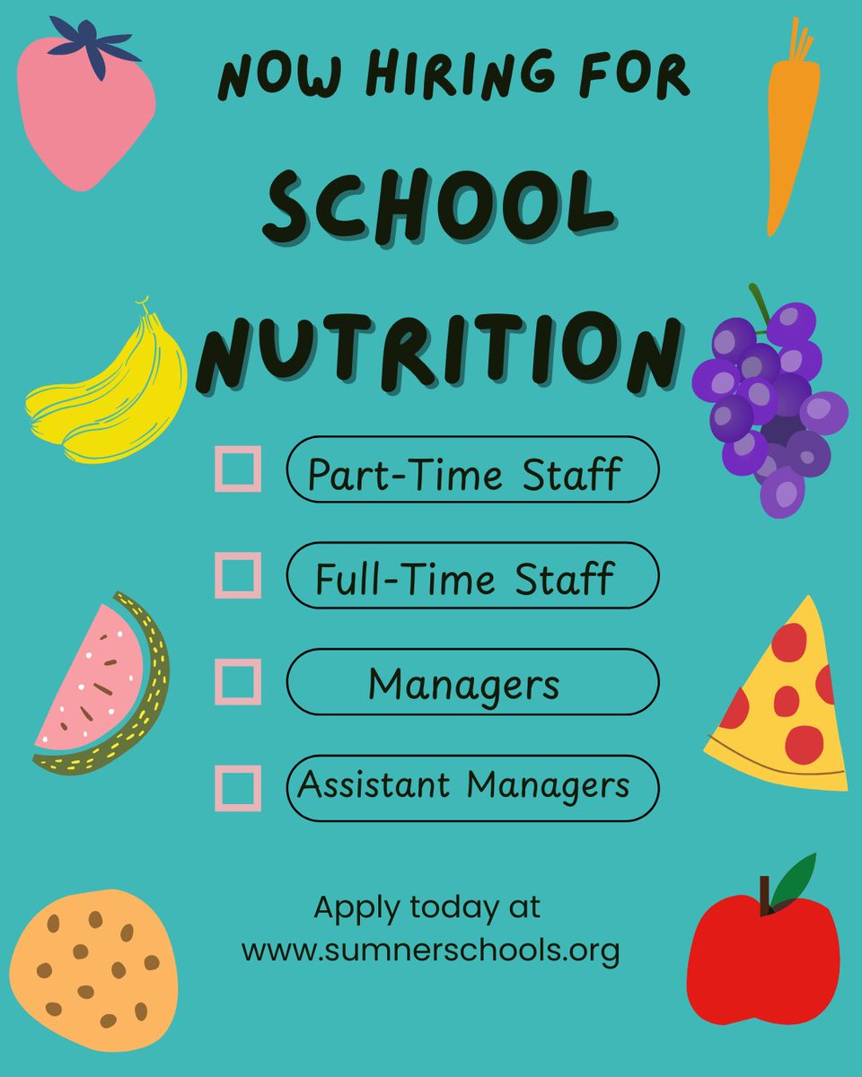 CareersSCS's tweet image. 🍎 We're hiring in School Nutrition!
✅ Part-Time
✅ Full-Time
✅ Managers
✅ Assistant Managers
Make a difference in our schools—apply today!
👉 sumnerschools.org
#NowHiring #SchoolJobs #SumnerCountySchools #JoinOurTeam