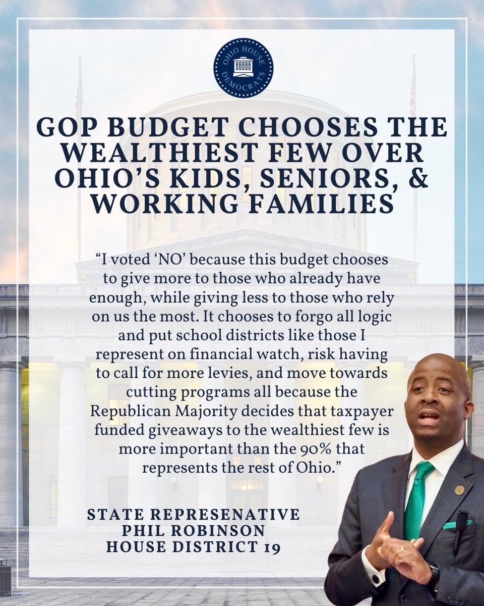 RepPhilRobinson's tweet image. Budgets are a choice! The governing Majority made a lot of bad choices with this budget that will hurt Ohioans.
The fight continues on. Make sure to call Governor DeWine!
PHONE: (614) 466-3555
EMAIL: governor.ohio.gov/contact