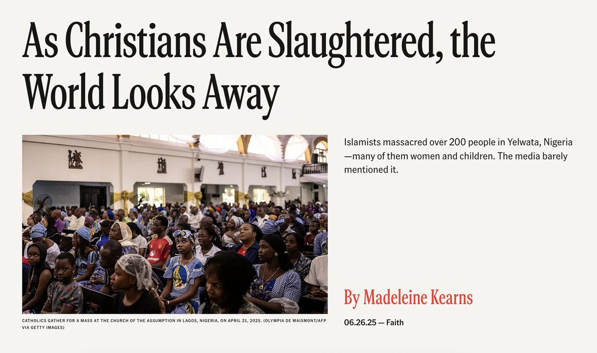 TheFP's tweet photo. “At this writing, the death toll is 218, but it could keep climbing as survivors continue to die from their injuries. Many bodies were burned beyond recognition. Photographs of the aftermath— shared with The Free Press—show charred human remains and buildings’ blood-stained floors and walls. Among the most disturbing images we reviewed showed the bodies of Christians hacked to death with machetes: The corpse of a boy, around 6 or 7 years old, lay flat on his back, his eyes wide open, his shirt covered in blood. His killer had left a giant gash across his face and head. His left hand was hanging loose at the joint; his right hand was severed completely.

The attack, though exceptional in scale and barbarity, is part of a pattern of persecution that Christians in Nigeria have come to expect. In April, in the run-up to Easter, 170 Christians were killed in the counties of Ukum and Logo. On May 24, at least 10 Christians were fatally shot in the villages of Tse-Ubiam and Tyolaha.”—@MadeleineKearns