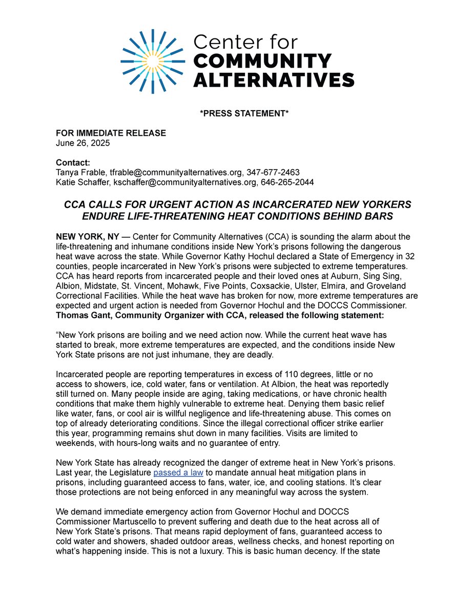 CCA_NY's tweet image. PRESS STATEMENT: "While the current heat wave has started to break, more extreme temperatures are expected, and the conditions inside New York State prisons are not just inhumane, they are deadly. Incarcerated people are reporting temperatures in excess of 110 degrees, little or…