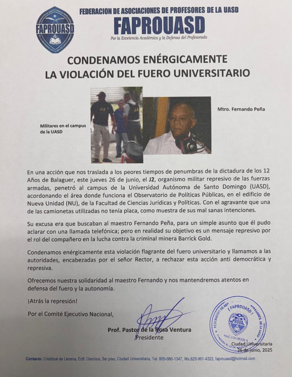𝐅𝐀𝐏𝐑𝐎𝐔𝐀𝐒𝐃 𝐜𝐨𝐧𝐝𝐞𝐧𝐚 𝐥𝐚 𝐯𝐢𝐨𝐥𝐚𝐜𝐢ó𝐧 𝐝𝐞𝐥 𝐟𝐮𝐞𝐫𝐨 𝐮𝐧𝐢𝐯𝐞𝐫𝐬𝐢𝐭𝐚𝐫𝐢𝐨 𝐭𝐫𝐚𝐬 𝐥𝐚 𝐢𝐫𝐫𝐮𝐩𝐜𝐢ó𝐧 𝐝𝐞𝐥 𝐉2 𝐞𝐧 𝐞𝐥 𝐜𝐚𝐦𝐩𝐮𝐬 𝐔𝐀𝐒𝐃

Exigimos respeto a la autonomía.

¡Atrás la represión!

#FAPROUASD #UASD #NoALaRepresión