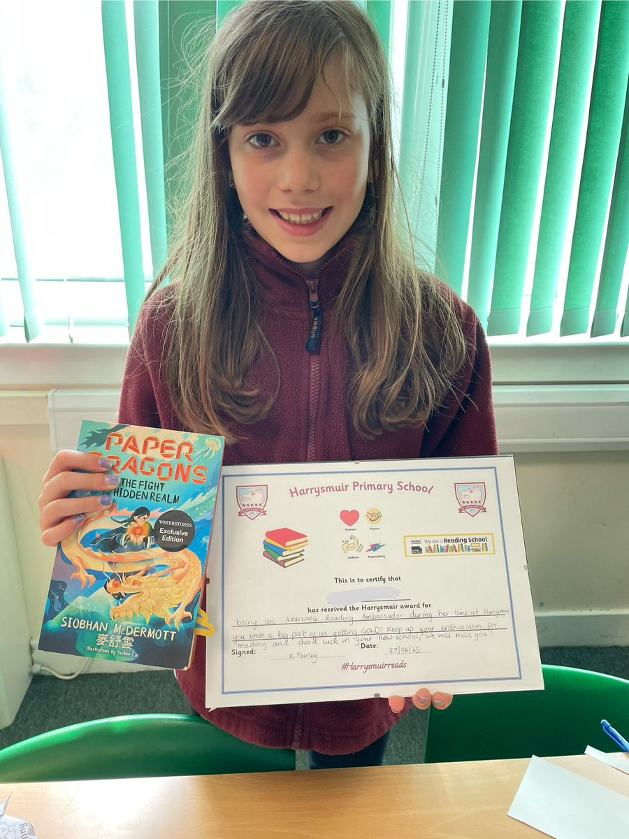 This incredible Reading Ambassador received a special certificate as she is moving to a new school. She was a big part of us getting gold accreditation. We will miss her but wish her the best of luck &amp; know that her love of reading will continue wherever she is! #Harrysmuirreads
