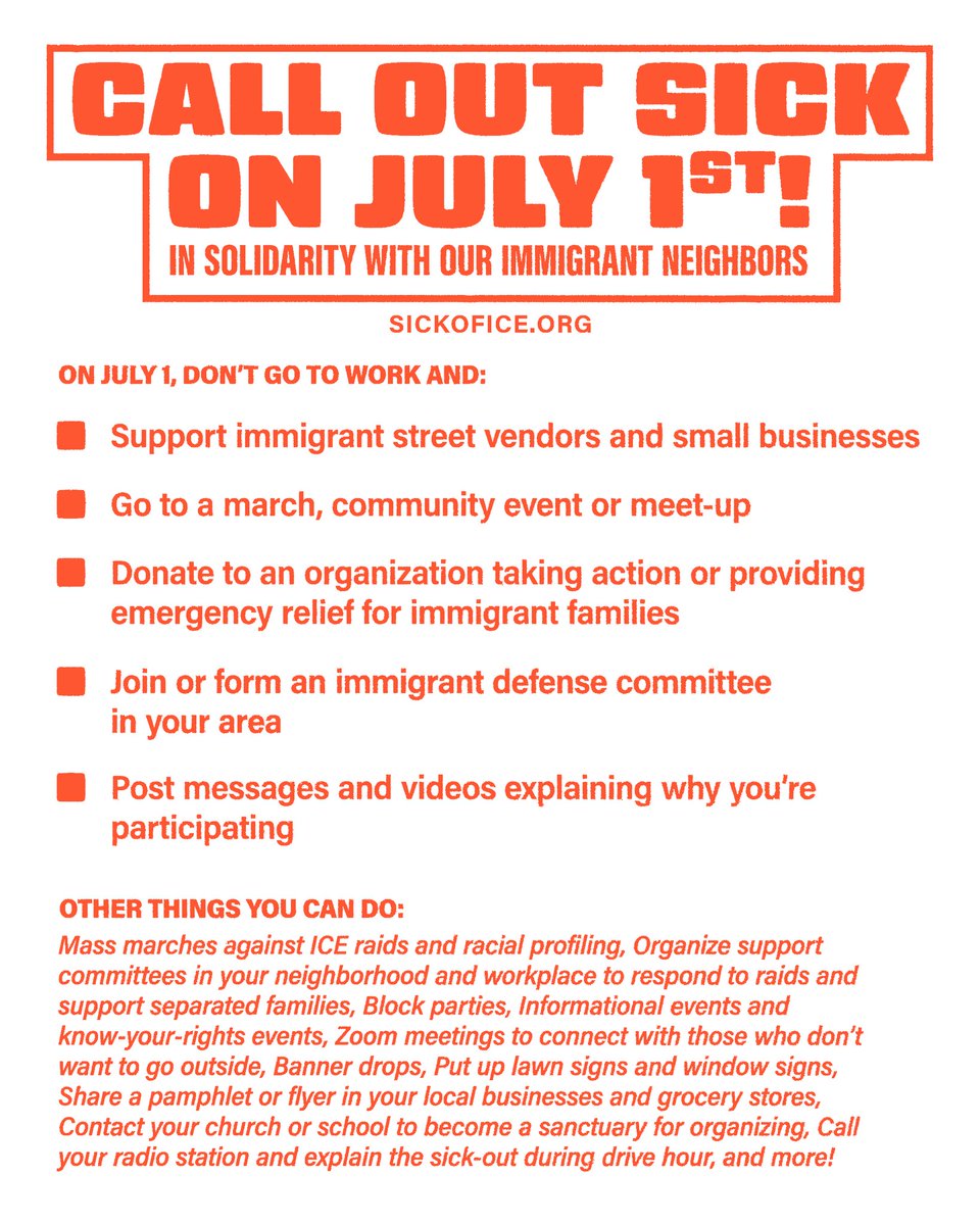 Morilore1's tweet photo. CALL OUT SICK July 1 in solidarity with our immigrant neighbors
We must all unite, and not let immigrant workers be terrorized and isolated. This is not just an immigrant thing โ everyone with citizenship has a duty to stand up!
#sickofice #sickoftrump https://t.co/g5jA3qTPgF