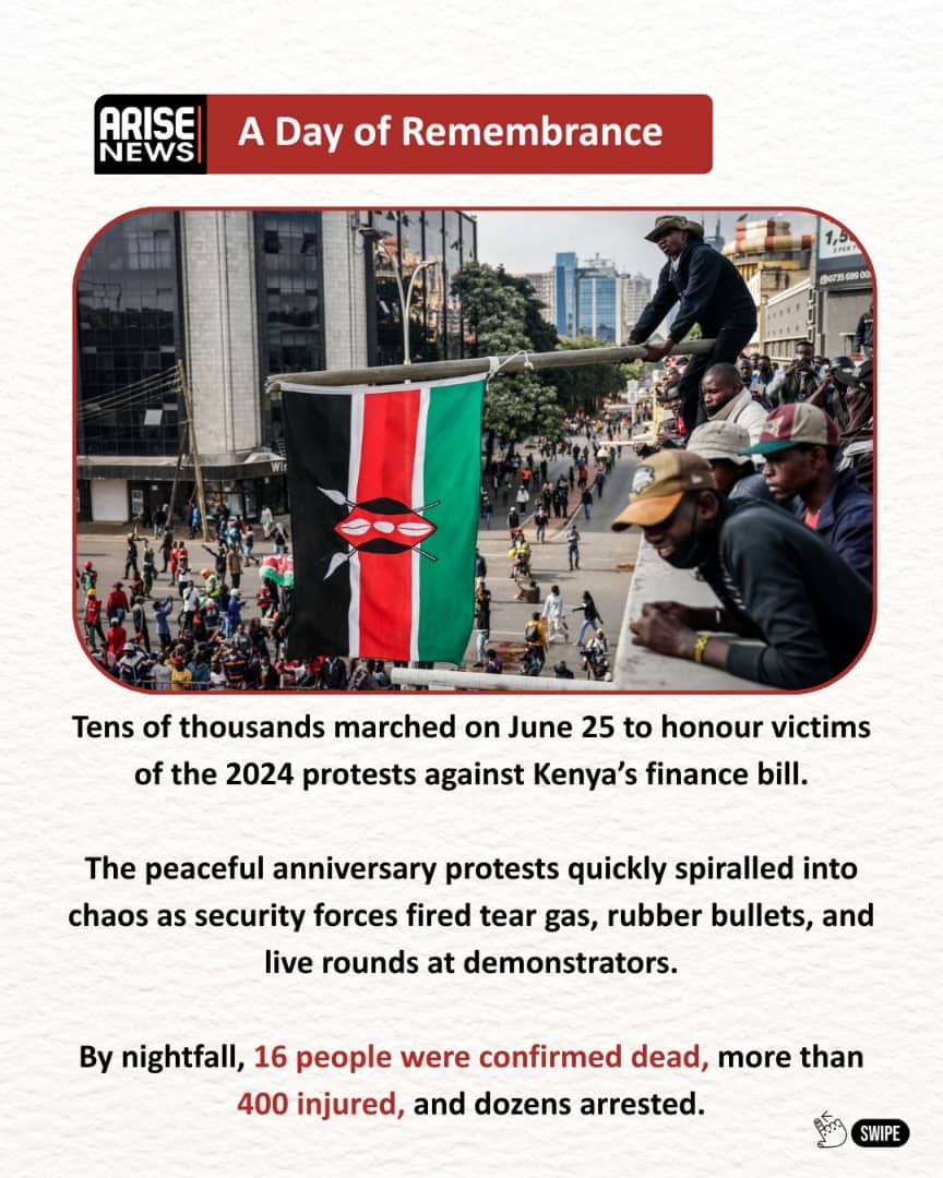 ARISEtv's tweet photo. What began as a peaceful memorial protest turned deadly in Kenya.
At least 16 people have been killed, hundreds injured, and major news channels taken off air as police cracked down on anti-tax demonstrators in the capital Nairobi and 26 other counties. https://t.co/Ruto6bsOlR