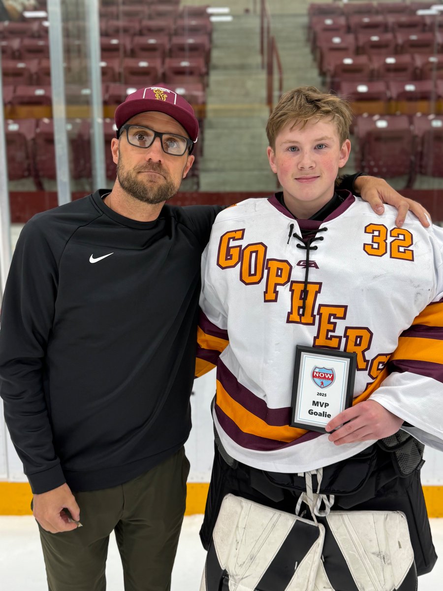 YouthHockeyHub's tweet photo. 2025 NOW Prospects Combine 
Boys Awards 

Best Forward - Charlie Voelbel (Maroon)
Best Defenseman - Gavin Thomas (Gold)
Best Goaltender - Maveryk Holtman (White)
Best Camper - Dylan Elliott (Gold)

(photos with @GopherHockey Asst. Coach Ben Gordon) https://t.co/Ut85Ul6KZZ