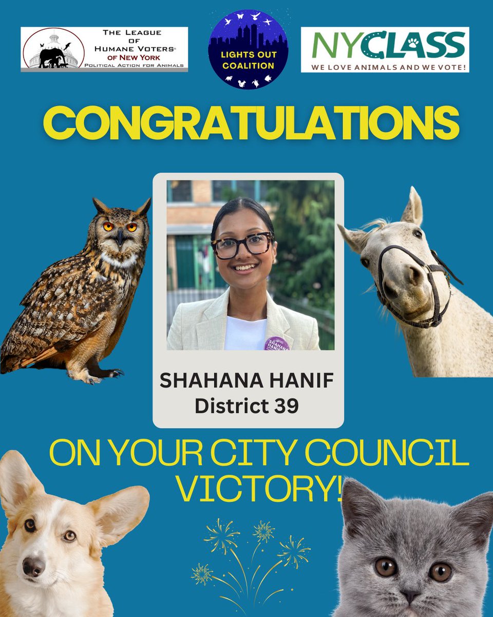 Congratulations <a href="/ebottcher/">Erik Bottcher</a> <a href="/voteshekar/">Shekar Krishnan</a> <a href="/OsseChi/">Chi Ossé</a> <a href="/ShahanaFromBK/">Shahana Hanif</a> for being victorious in being re-elected to their seat in the City Council. Together with them we can create a compassionate city where the lives of animals are respected and protected. 🐾Congratulations! 👏👏👏👏👏👏