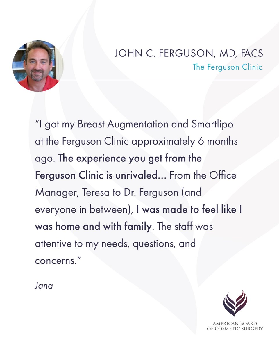 ABCSorg's tweet image. &quot;Unrivaled” #CosmeticSurgery care, from consultation to recovery🌟  

This patient shared their experience with diplomate Dr. John Ferguson of The Ferguson Clinic 6 mo. after breast augmentation surgery &amp;amp; Smart liposuction. Compassionate care made all the difference.
