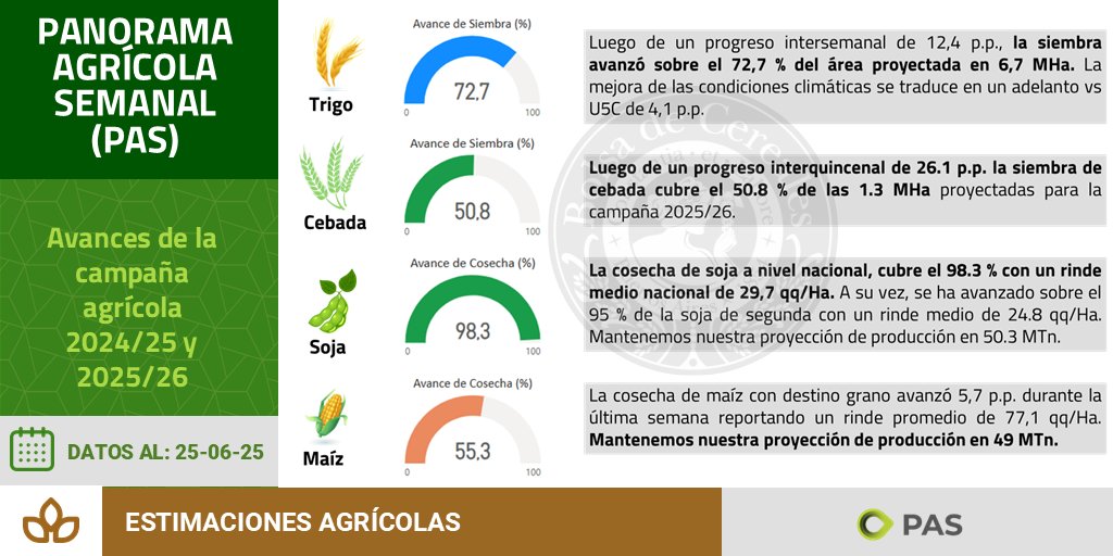 🌱🌽🌻 Compartimos los avances a la fecha de la campaña agrícola 2024/25 y 2025/26. 

Seguí el estado de los 6 principales cultivos en el dashboad de datos PAS y ECC 📊 👉🏼 bolsadecereales.com/estimaciones-i….

📃 Descargá la síntesis del informe: bit.ly/40mawqg