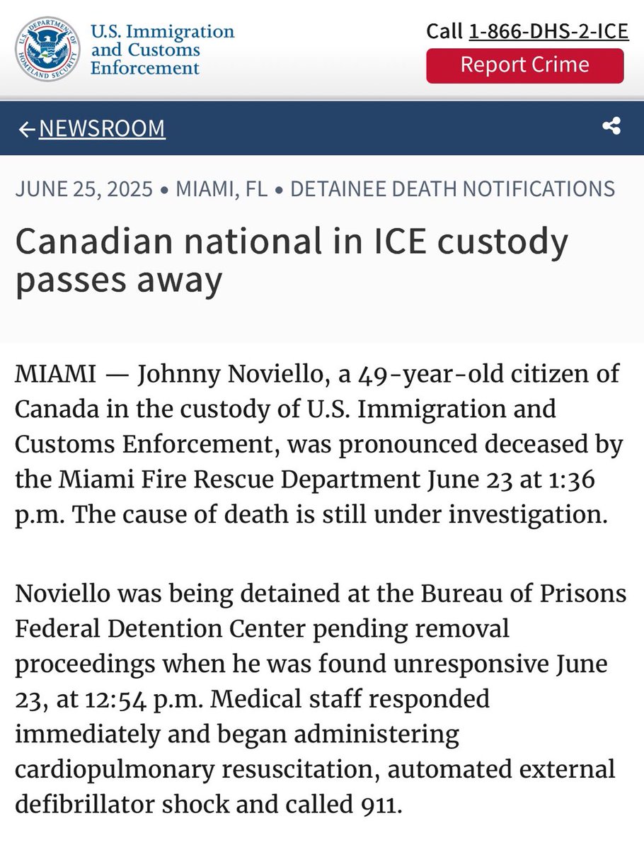A 49-year-old citizen of Canada died while in ICE custody. The cause of death is under investigation