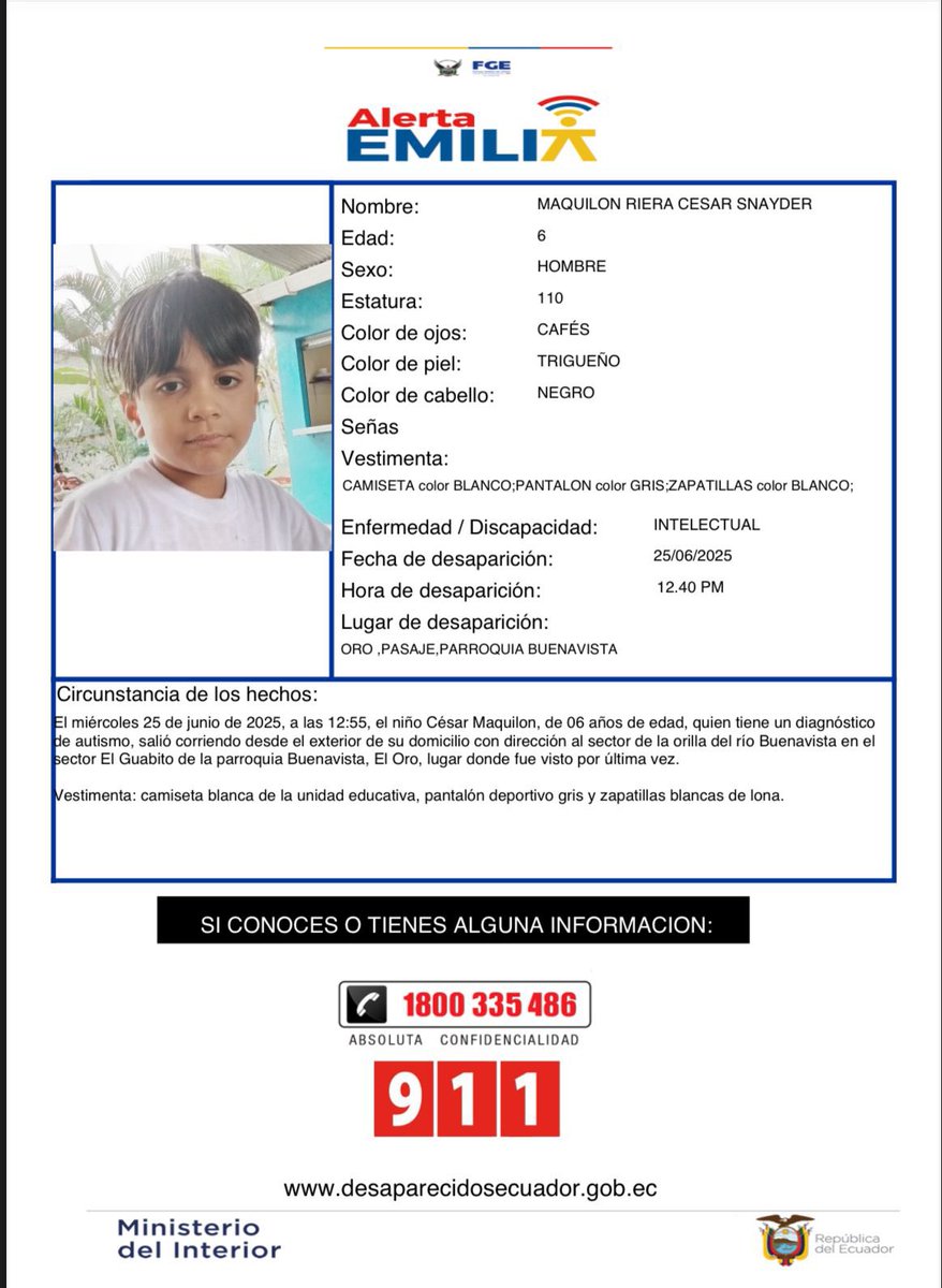FiscaliaEcuador's tweet photo. #AlertaEmilia | #ElOro: César Snayder Maquilón Riera fue visto por última vez el 25 de junio de 2025 en la parroquia #Buenavista del cantón #Pasaje. Si tienes información sobre su paradero, comunícate al 9-1-1 o al 1-800 DELITO (335486).
#DesaparecidosEcuador https://t.co/rlX3THRX4G