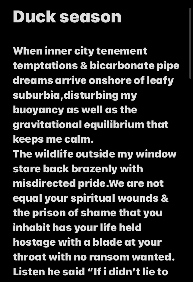 tyronewarren819's tweet photo. ๐ธโDuck seasonโ๐ธ๐โ๐ฝ
#TMWarren #fiends #GlassStems #bicarb #hardFood #poetry #poetryinmotion #poetrylovers https://t.co/aKC8Z8CUTS
