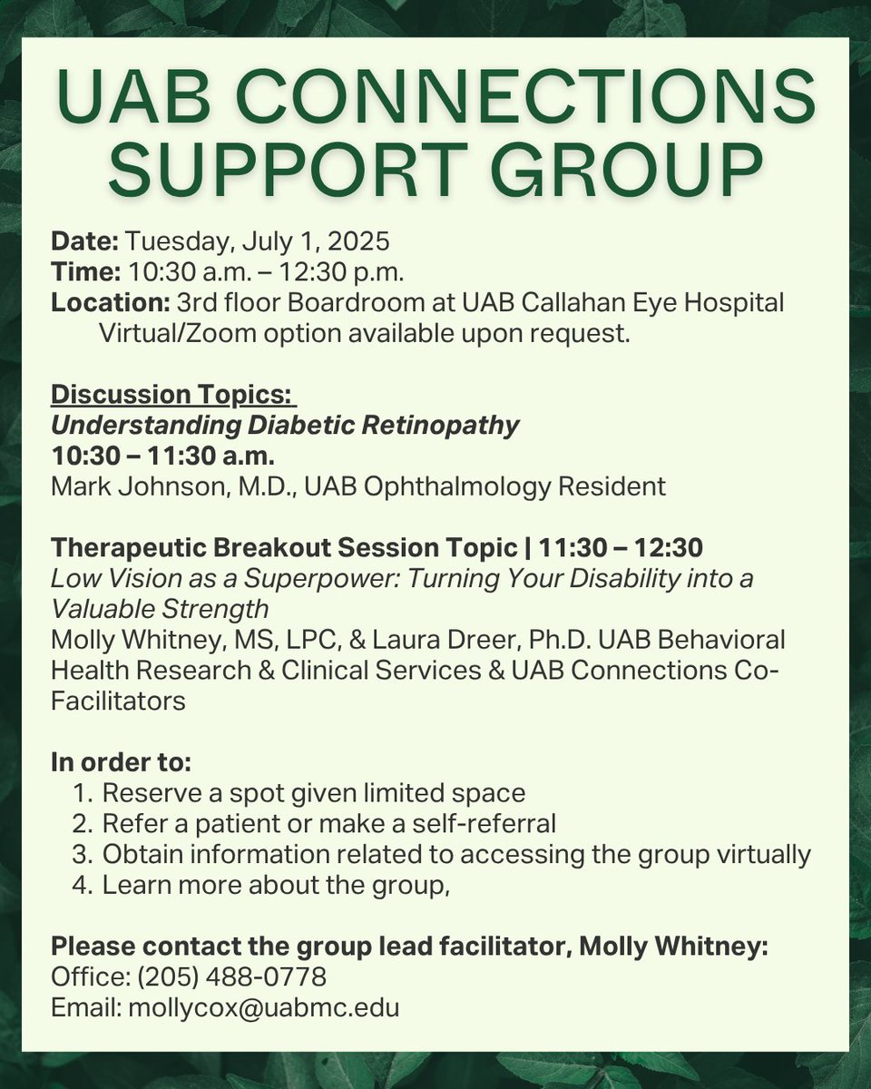 Join UAB Connections Support Group, a clinical service for adults with eye diseases &amp; their families, led by Dr. Laura Dreer &amp; Molly Whitney, experts in behavioral health &amp; low vision rehab. The group offers info, skills &amp; activities to adjust to life with visual impairment.