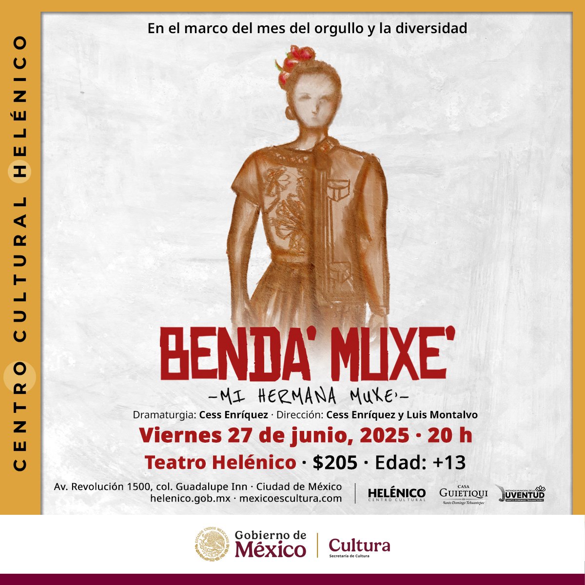 venalteatroMX's tweet photo. Tenemos pases dobles para que se vayan MAÑANA al estreno de  "Benda Muxe" 8pm del @Helenico

Únicamente:

🌟Nombre completo 
🌟Like y RT 

Y listo ya estás participando 🎭🎁🎉 https://t.co/moWiS1NYqC