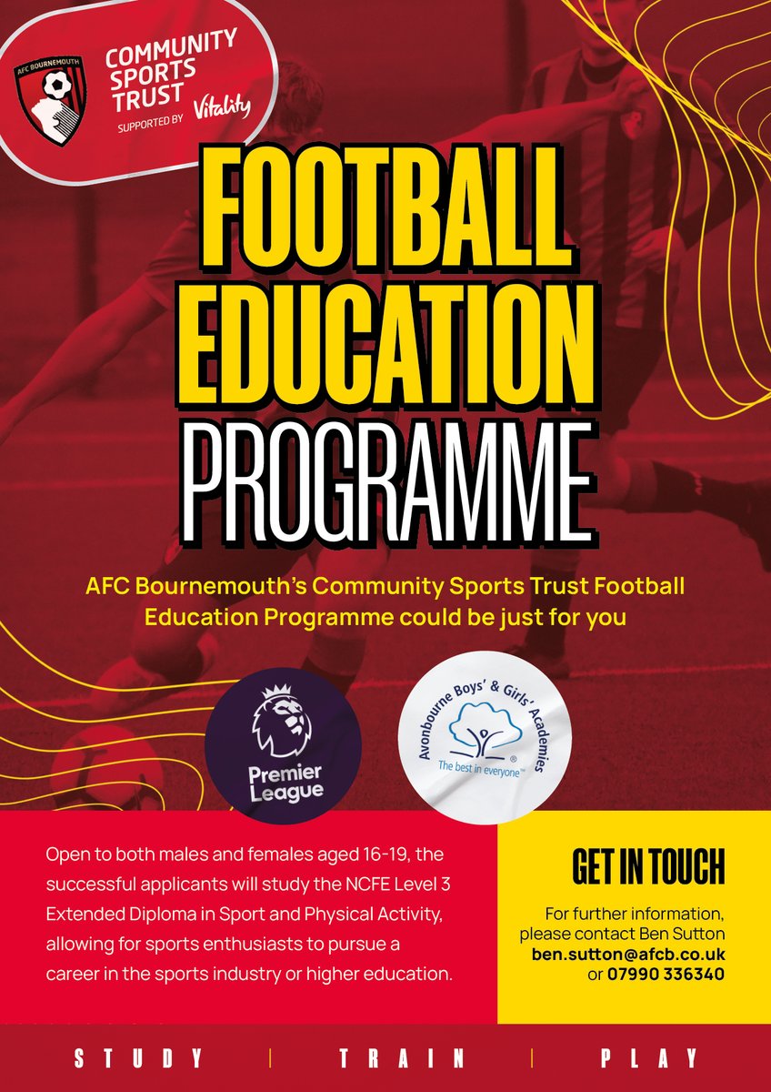 AFCB Community (@afcbcommunity) on Twitter photo The Football Education Programme is moving to Avonbourne Academy
We're hosting a taster training session on Tuesday 1st July, 1.00-2.30pm
📧 ben.sutton@afcb.co.uk for further information The Football Education Programme is moving to Avonbourne Academy
We're hosting a taster training session on Tuesday 1st July, 1.00-2.30pm
📧 ben.sutton@afcb.co.uk for further information