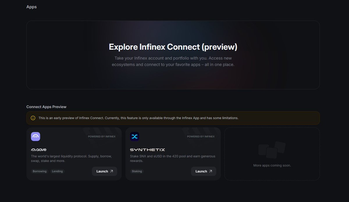 ladies and gentlemen, the eagle has landed!

just logged into <a href="/infinex/">Infinex</a> to check on my Bull Run game, and saw that Infinex Connect is now live! 

albeit it's early access for Patron NFT holders, this is a huge step forward for infinex in becoming the one stop shop for all things