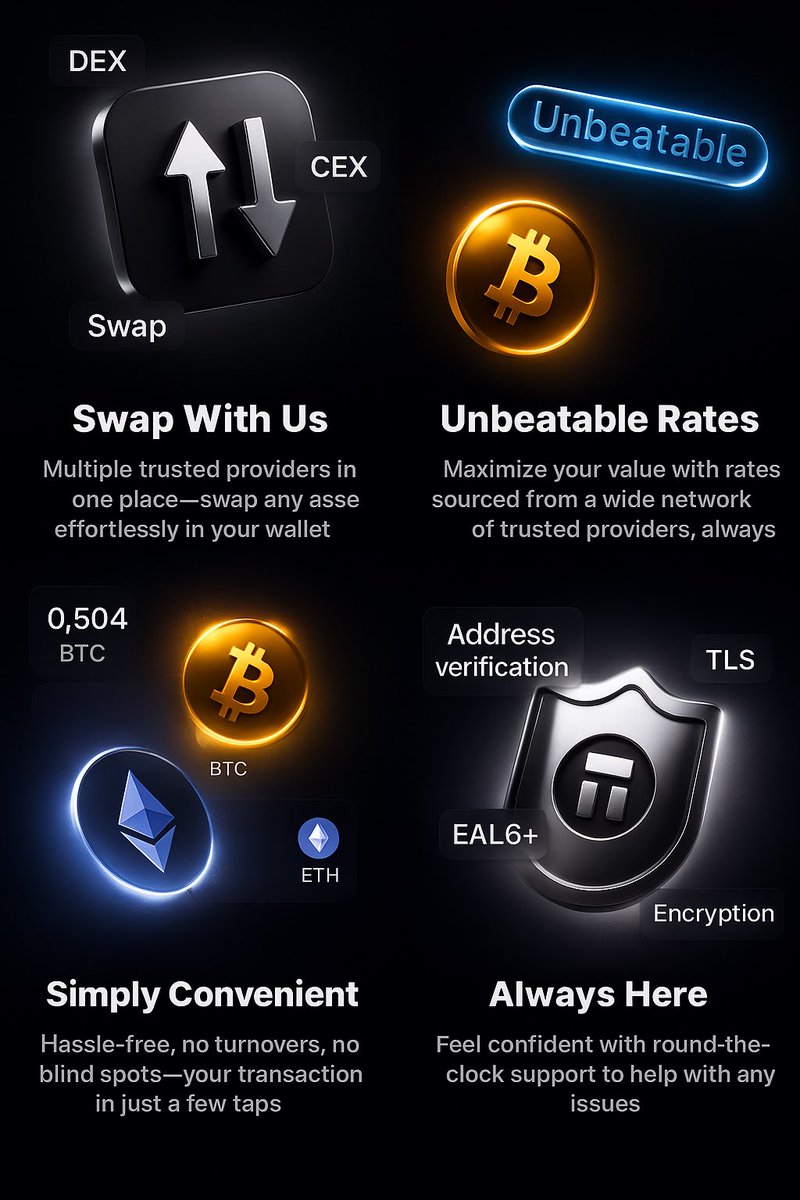 Swapping crypto just got easier &amp; more secure! 🚀 

<a href="/Tangem/">Tangem</a> Wallet offers:

✅ Unbeatable Rates: Get the best deals from multiple trusted providers (DEX, CEX, Bridges).

✅ Simply Convenient: Hassle-free swaps in a few taps.

✅ Impenetrable Defense: EAL6+, TLS, Encryption, &amp;