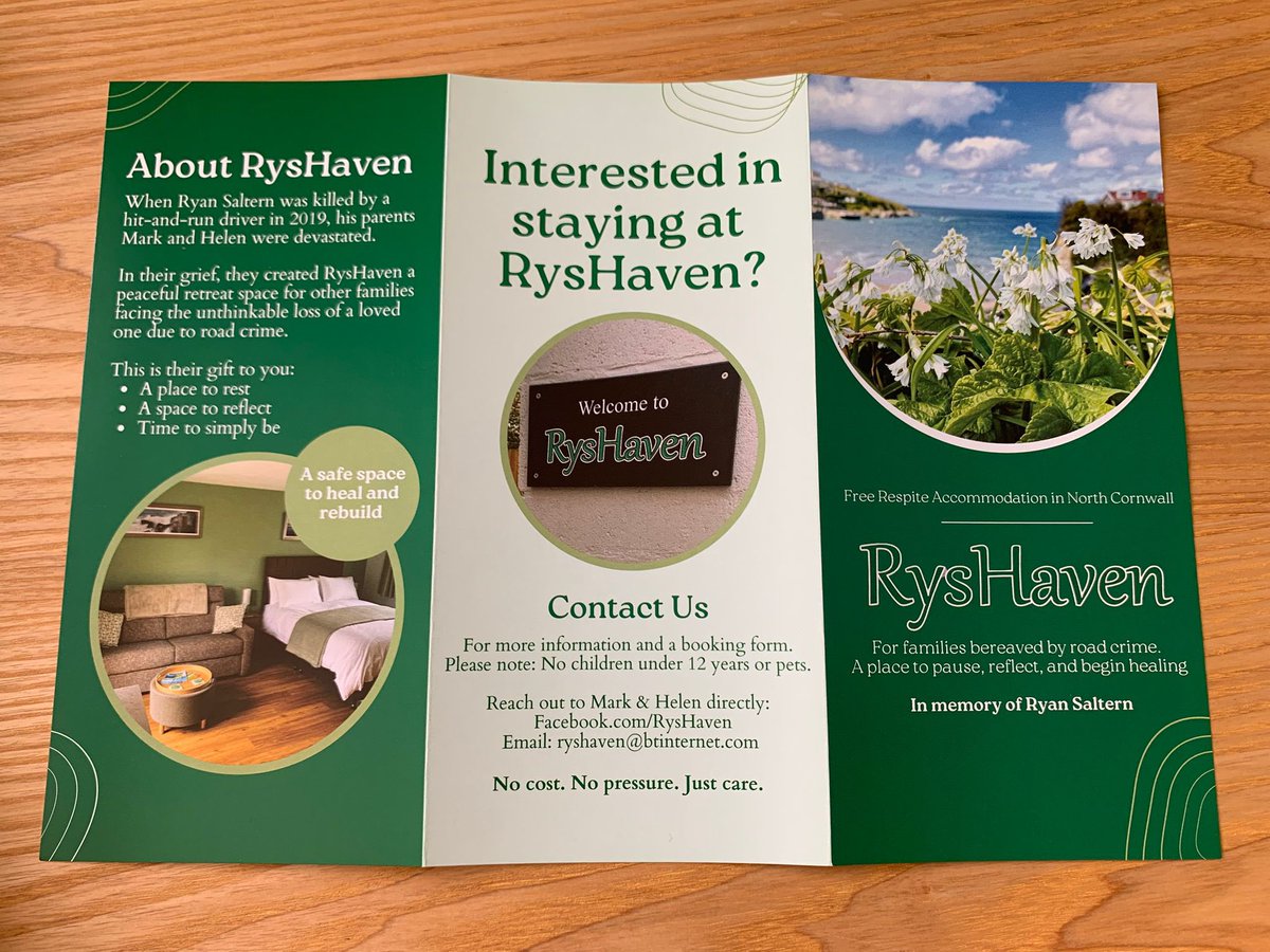 MarkSaltern's tweet image. A huge thank to Nadine Al-Ahmad, Marketing & Communications Manager at @RoadPeace for designing and supplying our RysHaven leaflets. We intend to distribute these in every FLO pack in the UK #free #respite #Cornwall #RoadCrime