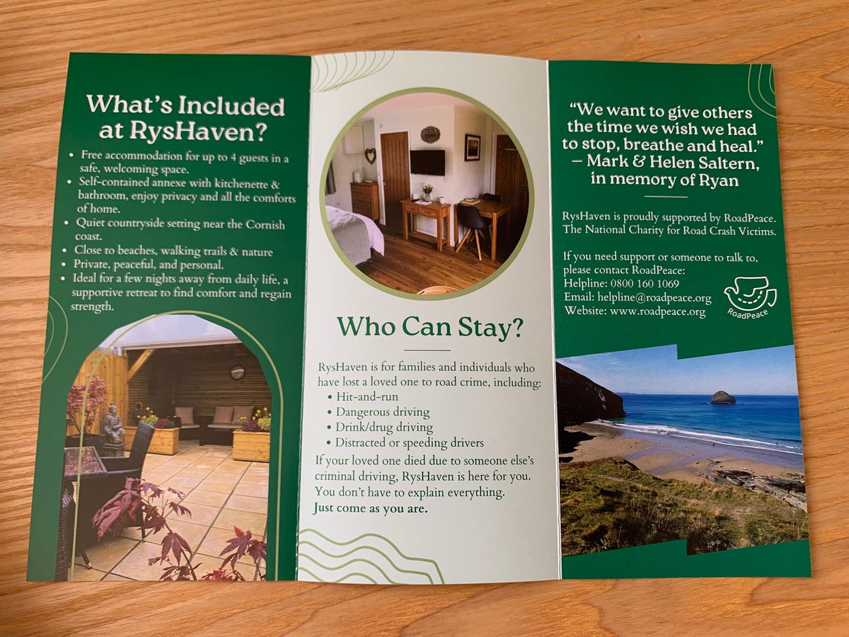MarkSaltern's tweet image. A huge thank to Nadine Al-Ahmad, Marketing & Communications Manager at @RoadPeace for designing and supplying our RysHaven leaflets. We intend to distribute these in every FLO pack in the UK #free #respite #Cornwall #RoadCrime