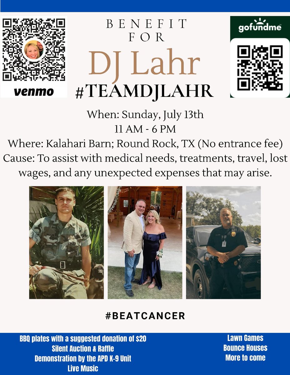 ATXPOA's tweet image. Benefit for DJ Lahr
APD K9 legend, Marine, school officer — now battling brain cancer.
🗓️ Sun, July 13 | 11–6
📍 Kalahari Barn, Round Rock
🎯 BBQ, music, APD K-9 demo, more!
💙 Help cover medical expenses.
📲 Donate or share.