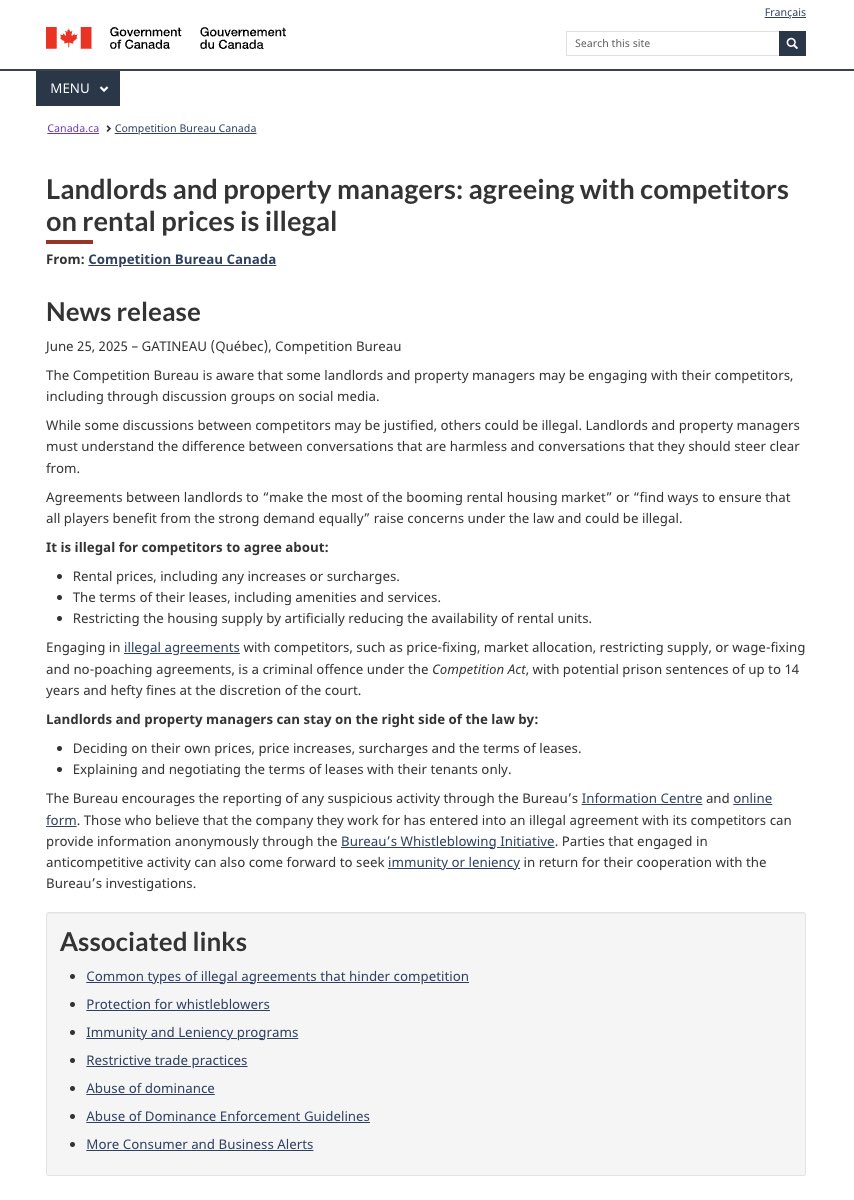 Strong reminder to landlords and property managers: it's illegal to coordinate rental prices,lease terms, or housing supply w/competitors to inflate prices. Price-fixing, colluding on lease terms are serious offences, can result in prison sentences and substantial fines.
