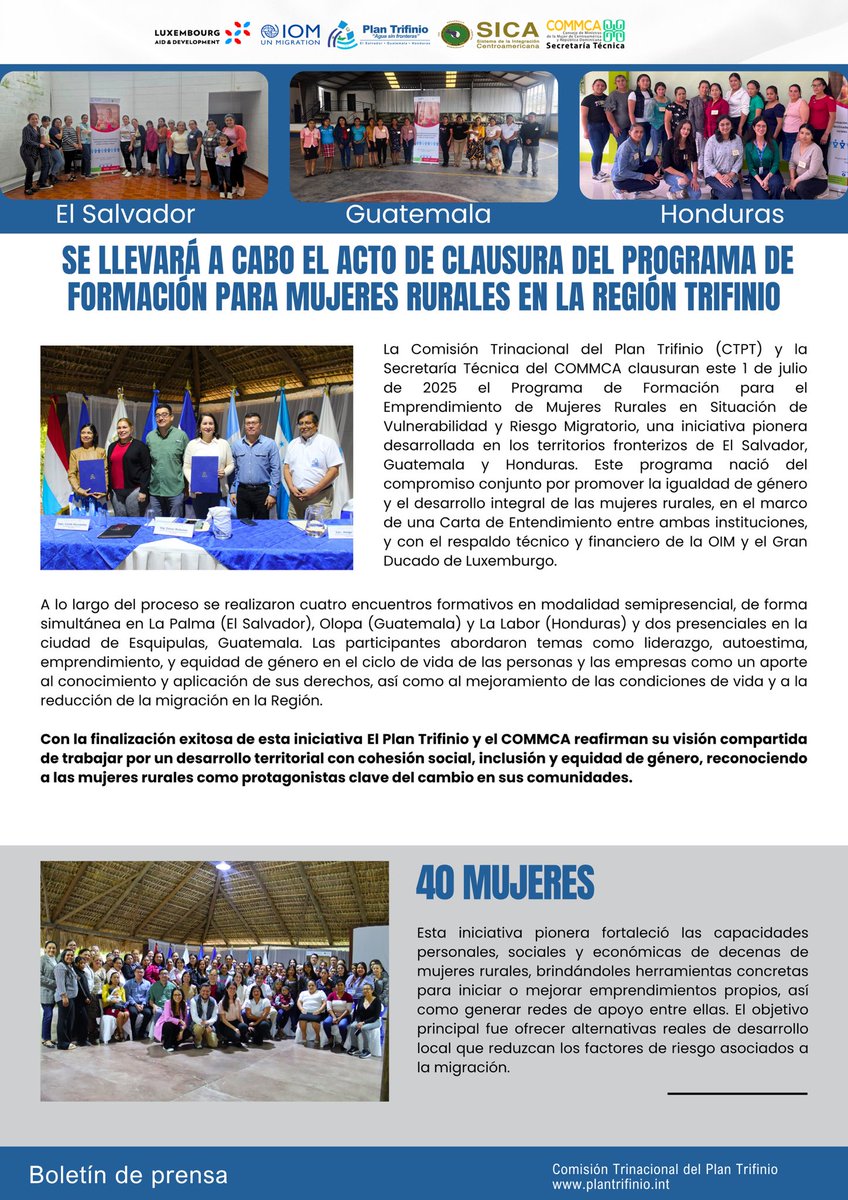 Clausura del Programa de Formación para el Emprendimiento de Mujeres Rurales en Condiciones de Vulnerabilidad con Riesgo a Migrar en la Región Trifinio.