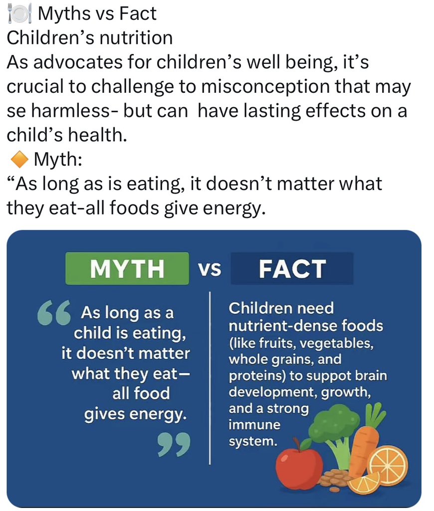 LifetoSoulF's tweet photo. The fact about children’s nutrition 
Children need nutrient-dense foods, not just calories.What they eat fuels their growth, brain development, learning, and immunity.Junk food might offer quick energy, but lacks the essential vitamins and minerals needed for healthy development. https://t.co/2nFuz4TWwW