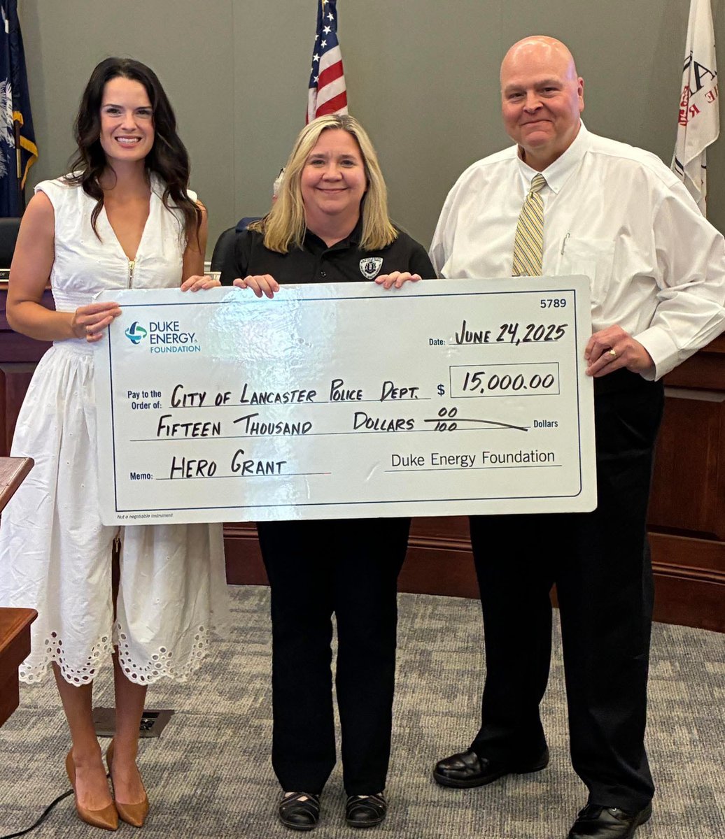Congratulations to the City of Lancaster Police Department on being selected as the recipient of a $15,000 HERO Grant from the <a href="/DukeEnergy/">Duke Energy</a> Foundation. They will use these funds to purchase a towable generator to serve as “back up to the back up” for critical infrastructure.