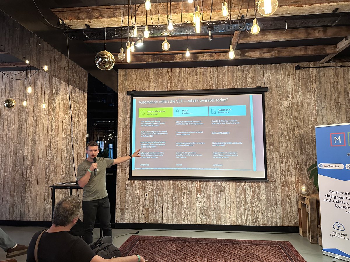 MC2MC (@mc2mcbe) on Twitter photo In the third session of the evening <a href="/BertJanCyber/">Bert-Jan ๐ก๏ธ</a> is talking about "Attack Disruption and Beyond"
#MC2MC #MC2MCLive #Community #CommunityPower In the third session of the evening <a href="/BertJanCyber/">Bert-Jan ๐ก๏ธ</a> is talking about "Attack Disruption and Beyond"
#MC2MC #MC2MCLive #Community #CommunityPower