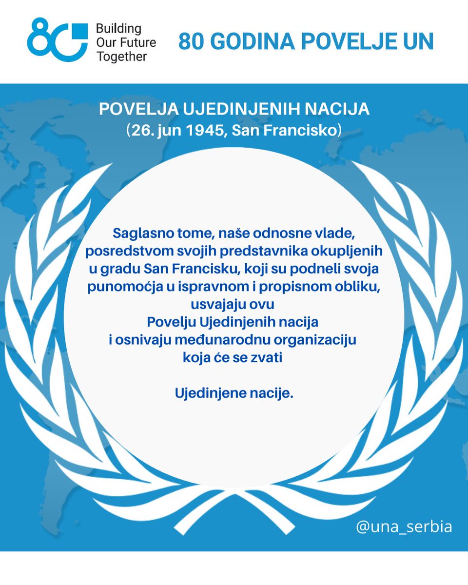unaserbia's tweet photo. Na današnji dan 1945. na konferenciji u San Francisku potpisana je POVELJA UN!🇺🇳

U godini obeležavanja #UN80, principi i načela #UNCharter su relevantniji više nego ikad. Oni su osnova za rešavanje globalnih izazova i izgradnju mirnijeg, prosperitetnijeg i pravednijeg sveta.🌐 https://t.co/sLZU7I4yZa