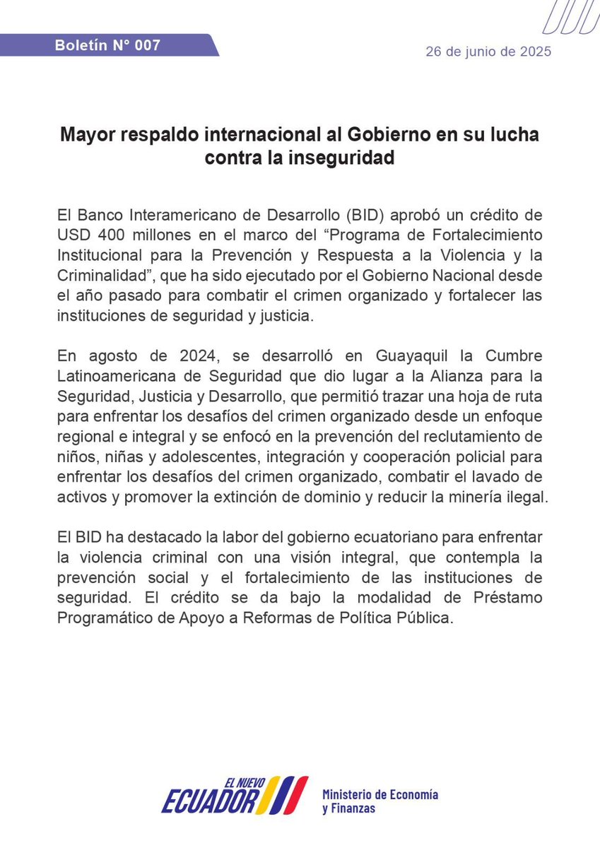 AsíAmaneció (@asiamanecio) on Twitter photo 🔴#ECONOMÍA | ¡400 millones contra el crimen para ECUADOR! 🇪🇨💰👮
Ecuador recibe un fuerte respaldo internacional en su lucha contra la inseguridad.
El <a href="/el_BID/">Banco Interamericano de Desarrollo</a> aprobó un crédito de USD 400 millones para fortalecer las instituciones de seguridad y justicia del país, dentro del 🔴#ECONOMÍA | ¡400 millones contra el crimen para ECUADOR! 🇪🇨💰👮
Ecuador recibe un fuerte respaldo internacional en su lucha contra la inseguridad.
El <a href="/el_BID/">Banco Interamericano de Desarrollo</a> aprobó un crédito de USD 400 millones para fortalecer las instituciones de seguridad y justicia del país, dentro del